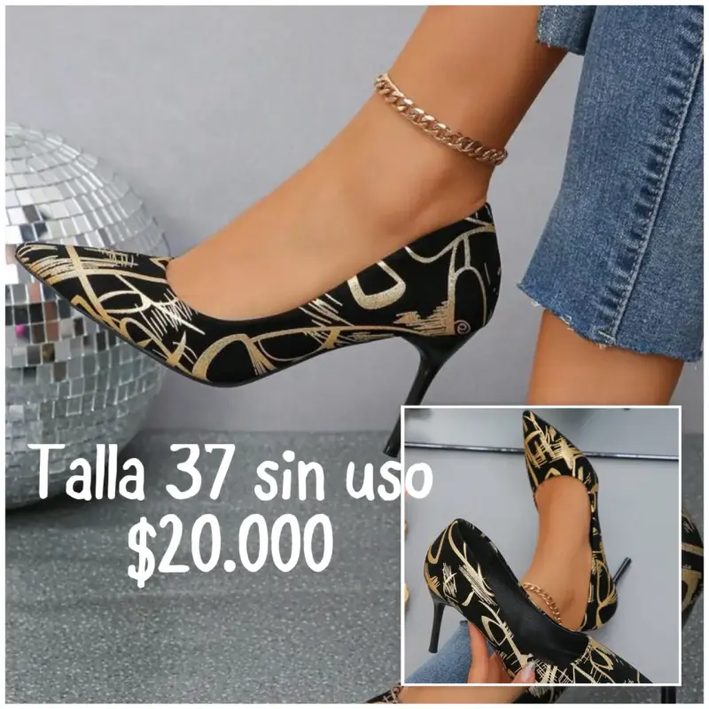 Tacones negros con diseño dorado - 3