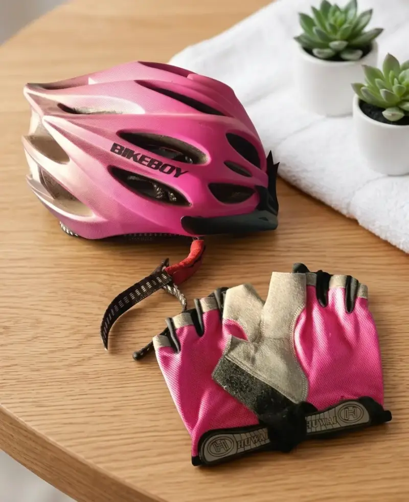 Casco y guantes rosas para ciclismo