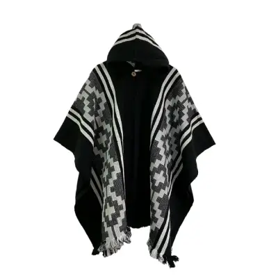 Poncho con capucha lana de alpaca negro y blanco - miniatura 1