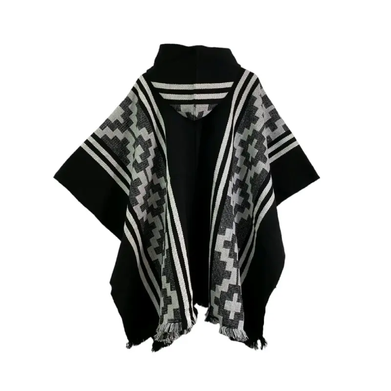 Poncho con capucha lana de alpaca negro y blanco - 2