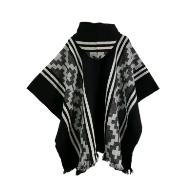 Poncho con capucha lana de alpaca negro y blanco - miniatura 2
