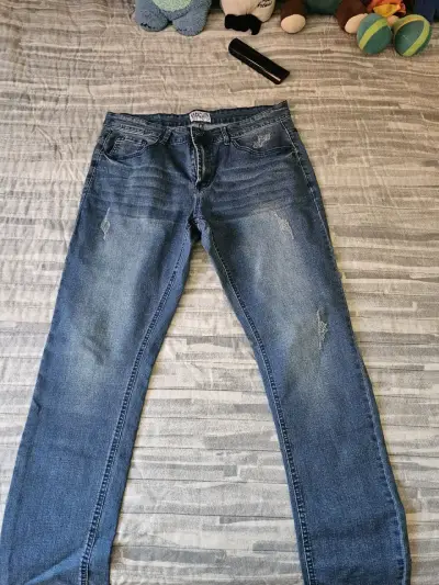 Jeans rectos desgastados azules - miniatura 1