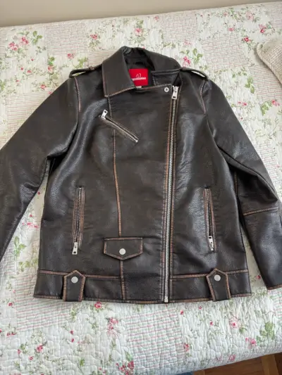 Chaqueta biker de cuero marrón - miniatura 1