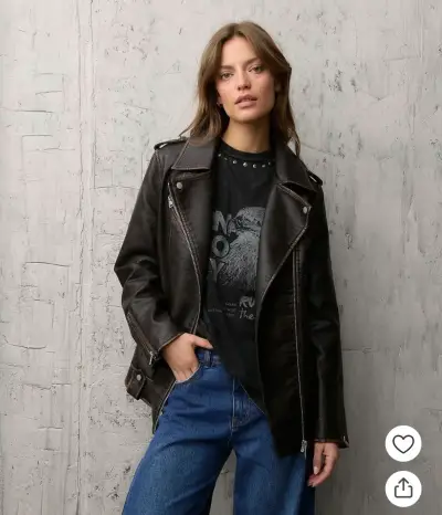 Chaqueta biker de cuero marrón - miniatura 2