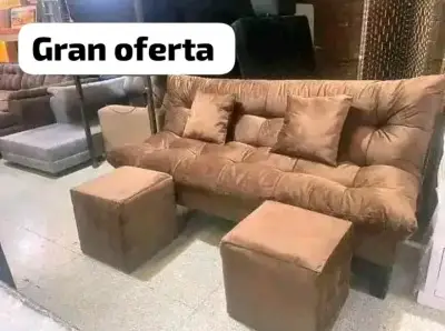 Sofá rosa con puffs incluidos - miniatura 3
