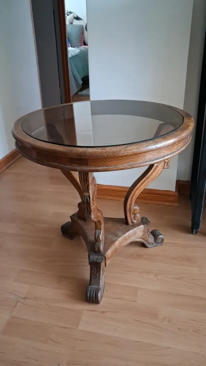Mesa redonda madera y vidrio