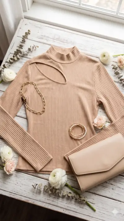 Polera beige manga larga de canalé - miniatura 1