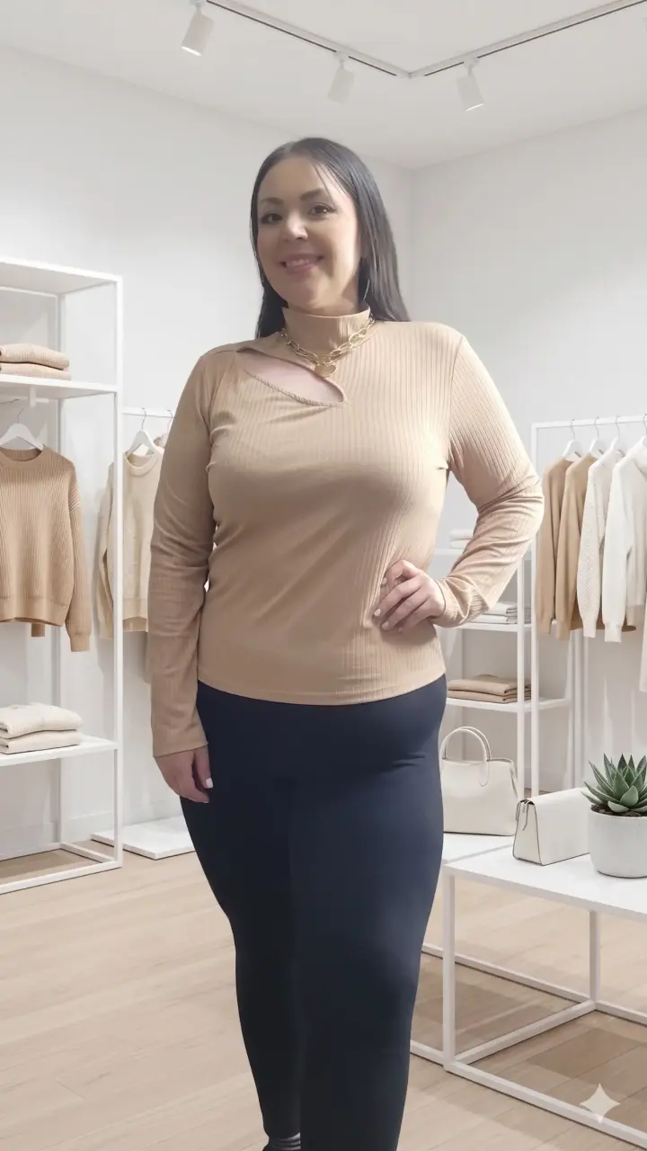 Polera beige manga larga de canalé - 2