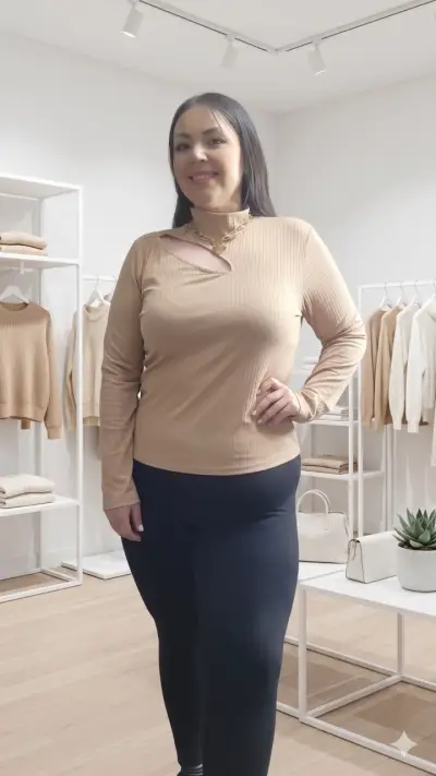 Polera beige manga larga de canalé - miniatura 2