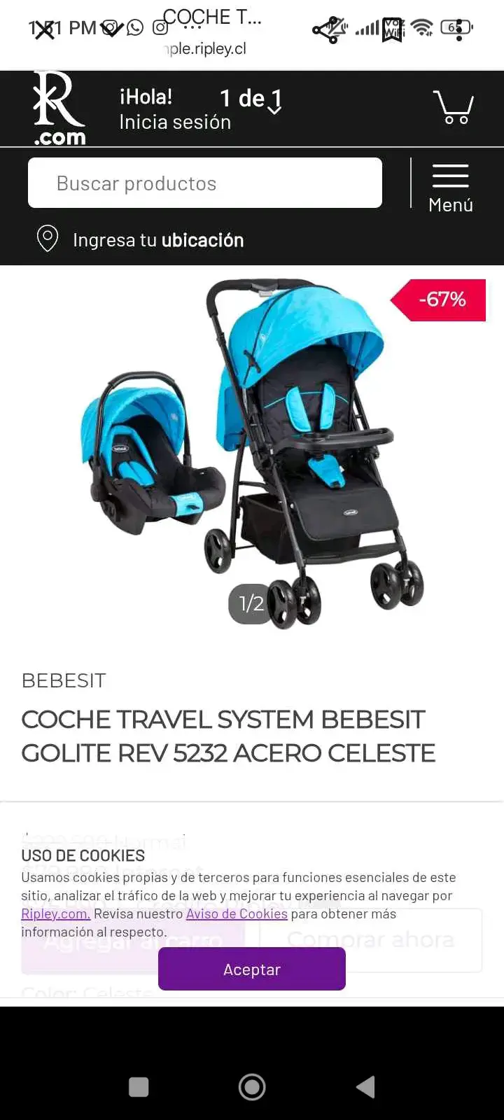 Coche travel system Bebesit celeste