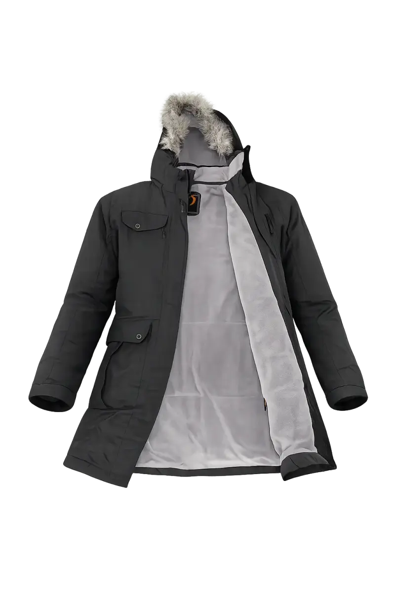 Parka  negra impermeable con  capucha y cinturón - 2