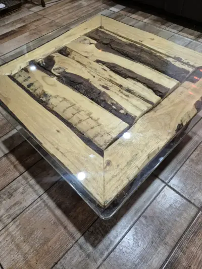 Mesa de centro rústica con vidrio - miniatura 3