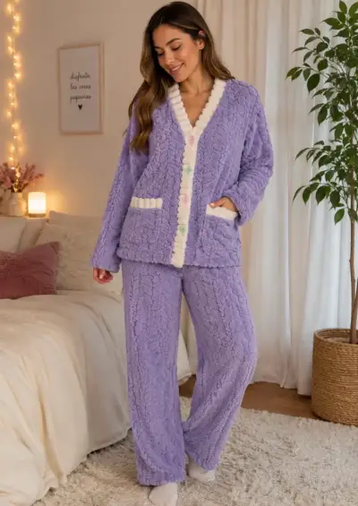 Pijama morado y rosado de felpa suave - miniatura 1