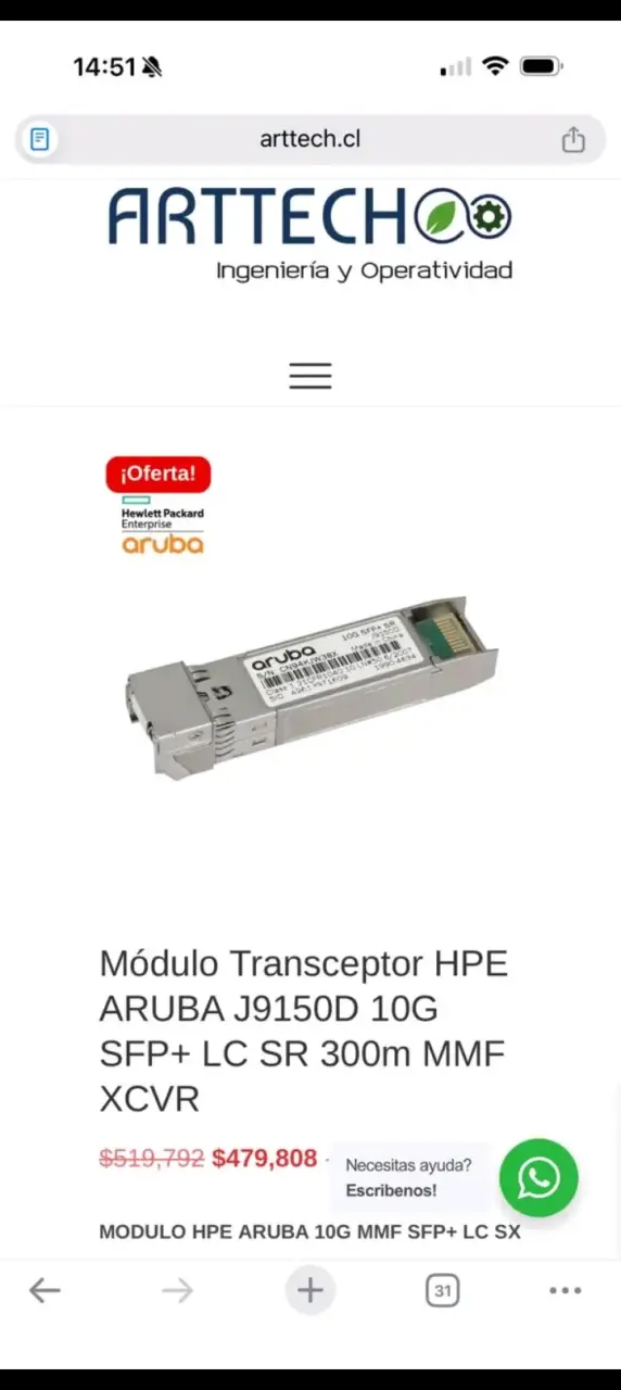 Transceptor HPE Aruba J9150D 10G SFP+ - 1