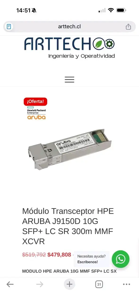 Transceptor HPE Aruba J9150D 10G SFP+ - 3
