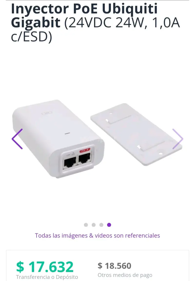 Inyector PoE Ubiquiti Gigabit (24VDC 24W, 1,0A c/È - 2