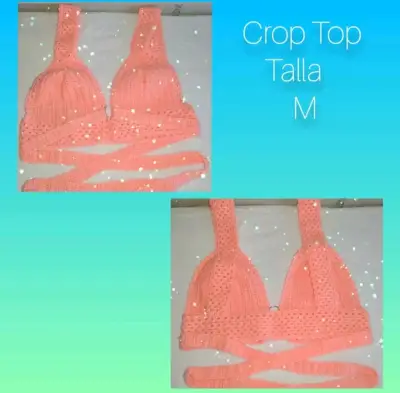 Crop top Crochet Color Salmón y Verde - miniatura 1