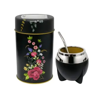 Set yerbero y matera negra flores anymate - miniatura 1