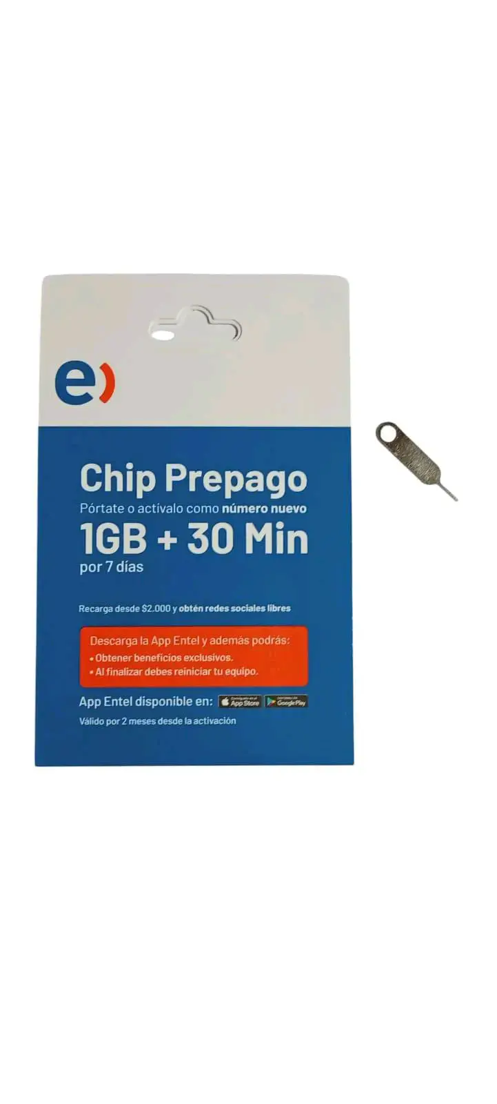 Chip prepago Entel 1GB + 30 Min + Llave de regalo