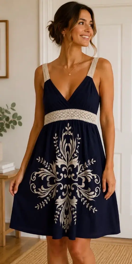 Vestido azul con bordado beige - 1