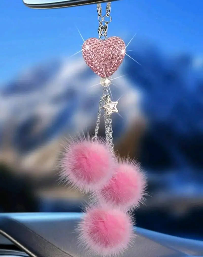 Colgante retrovisor corazón y pompones - 1