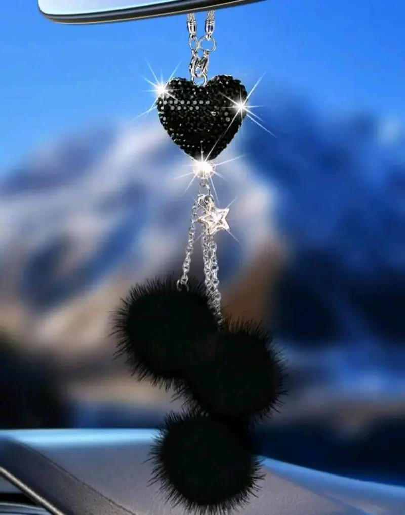Colgante retrovisor corazón y pompones - 4