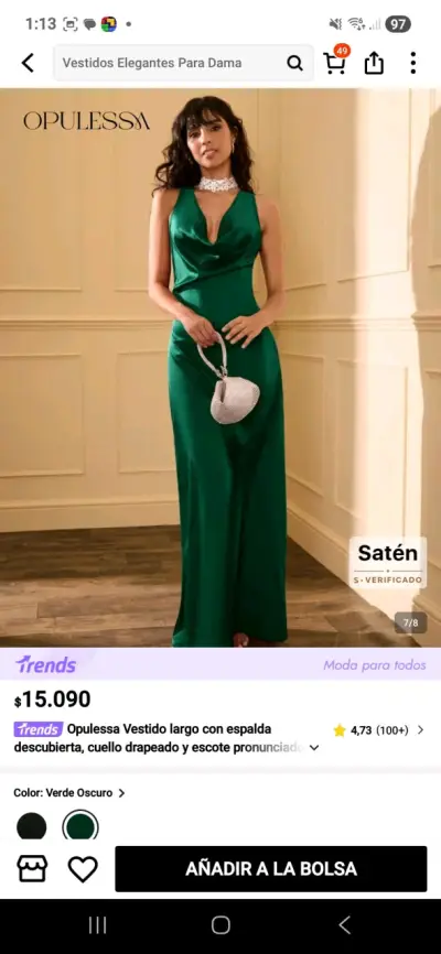 Vestido largo verde satén - miniatura 1
