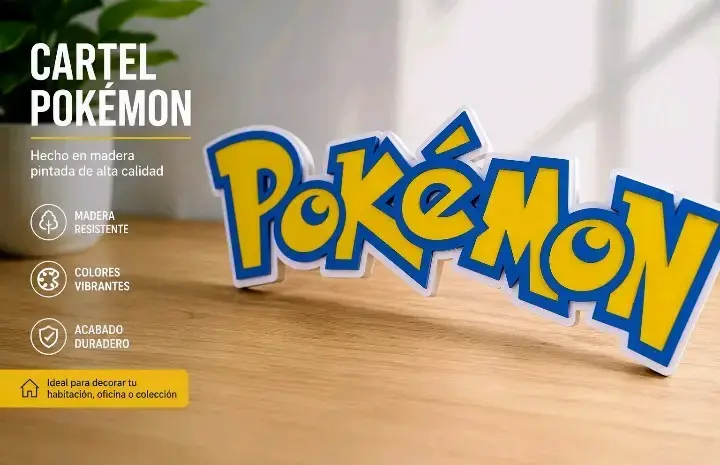 Decoración logo Pokémon 39x14, 6x0,9 cm en madera.