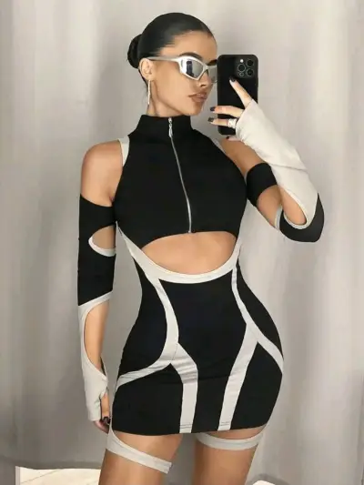 Vestido corto negro con recortes - miniatura 1