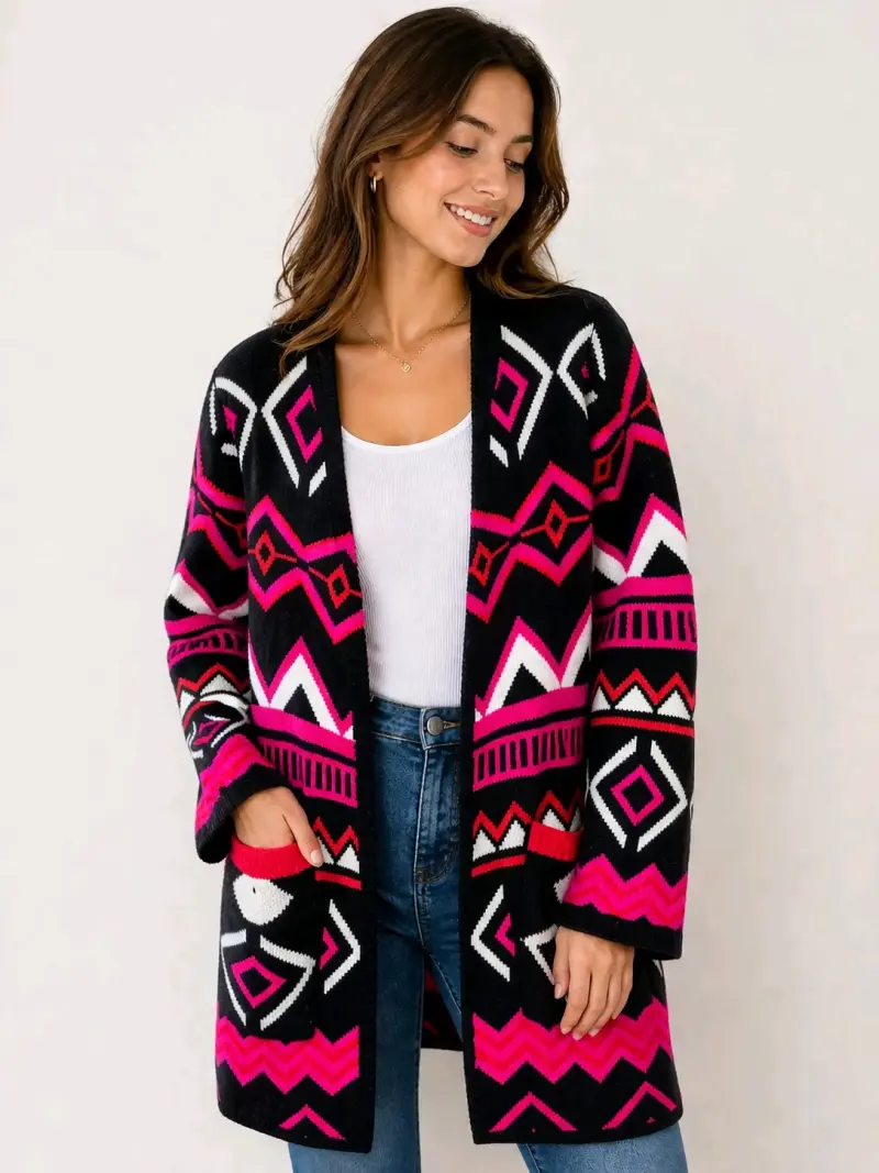 Cardigan étnico negro y fucsia