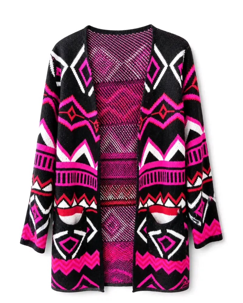 Cardigan étnico negro y fucsia - 2