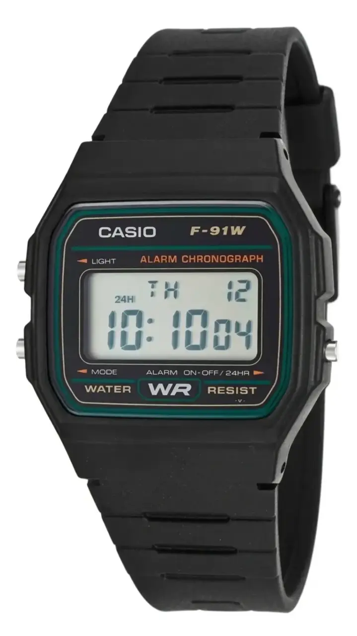 Reloj Casio F-91wg-9 Clásico Negro Con Fondo verde - 1