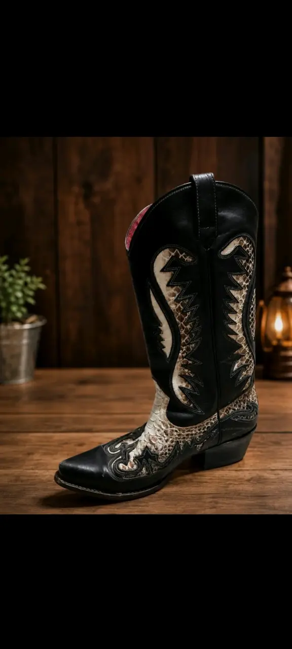 Botas vaqueras de piel negra y blanca - 3