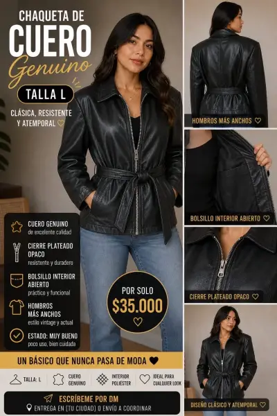 Chaqueta de cuero genuino negra - miniatura 1