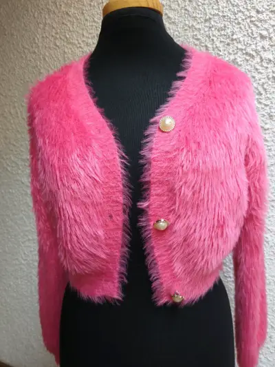 Cárdigan rosa de peluche con botones - miniatura 4