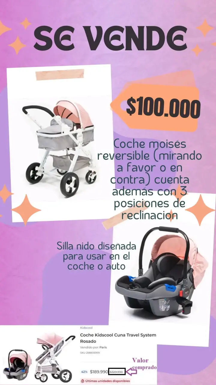 Coche para bebé rosa y gris - 6