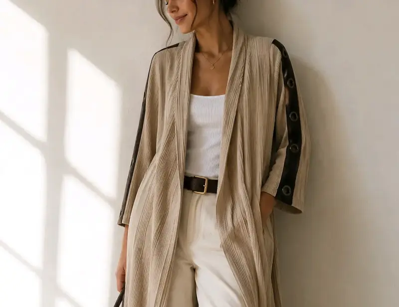 Kimono beige con botones decorativos - 1
