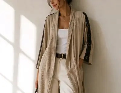 Kimono beige con botones decorativos - miniatura 1