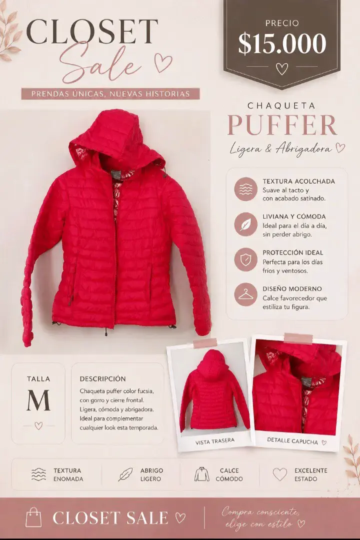 Chaqueta puffer fucsia con gorro