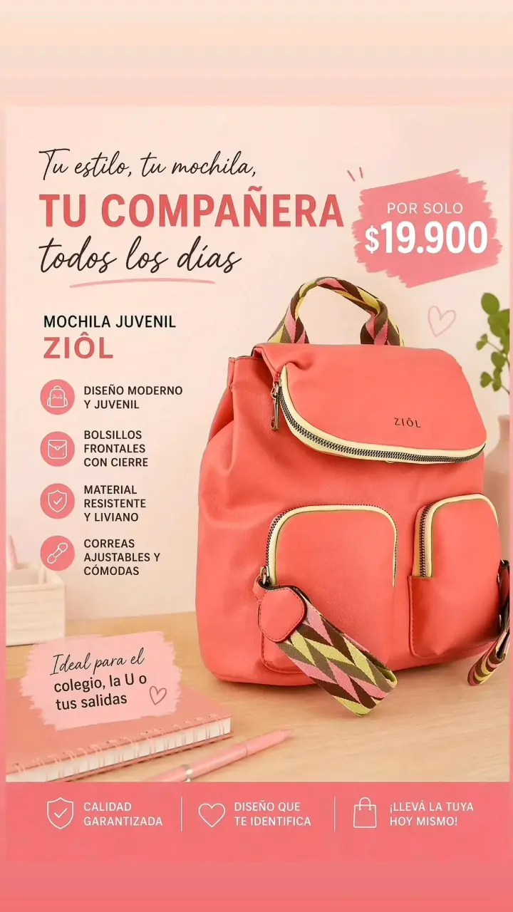 Mochila juvenil Ziôl coral