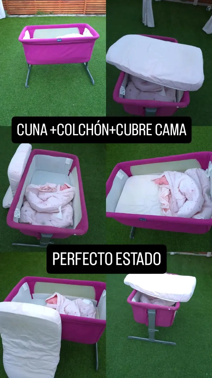 Cuna con colchón y cubre cama rosado