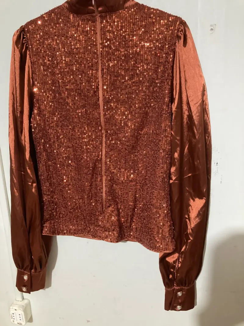 Blusa de lentejuelas y satin marrón - 4
