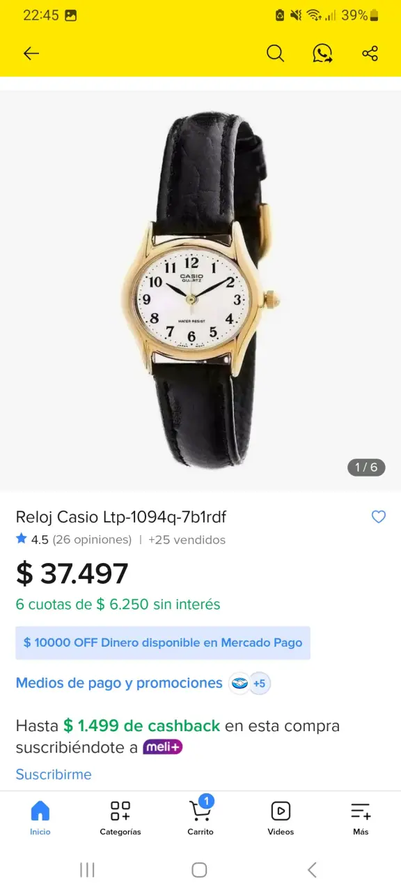 Reloj Casio negro y dorado