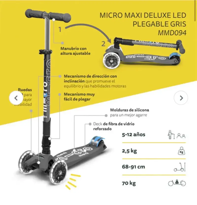Scooter Micro Maxi Deluxe Led Plegable Gris - 5