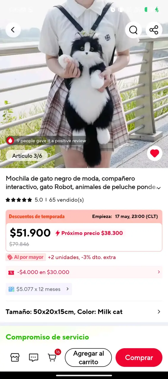 Mochila de gato peluche negro con blanco