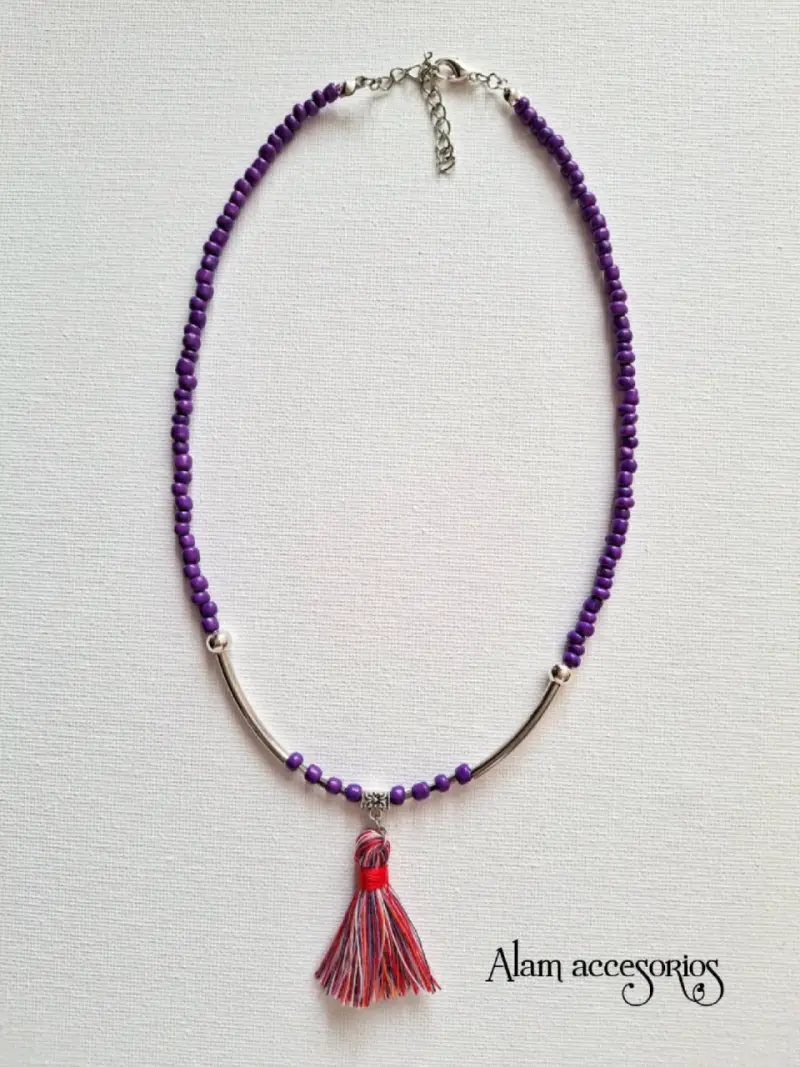 Collar de cuentas morado con borla - 3