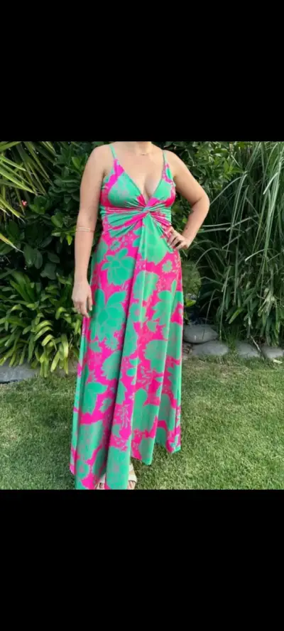 Vestido largo verde y rosa floral - miniatura 1