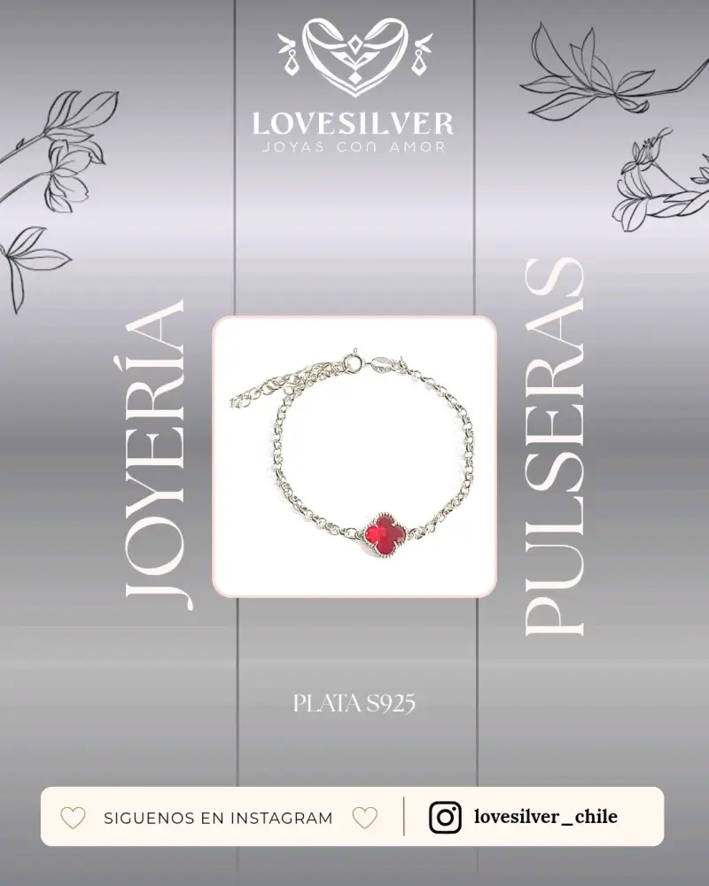 Pulsera de plata con trébol rojo - 2