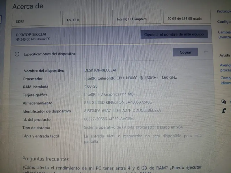 Laptop HP 240 G6 4gb RAM. - 2