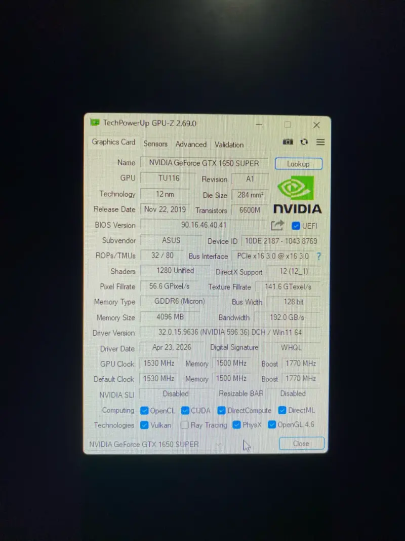 Tarjeta Gráfica ASUS TUF GTX 1650 Super - Usado - 5